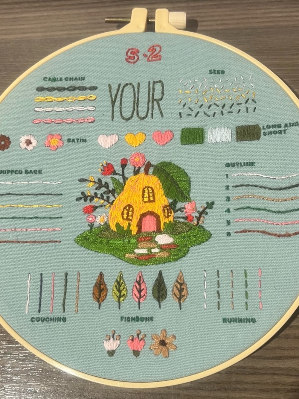 Embroidered Yellow Fairy House Hoop on Teal Fabric